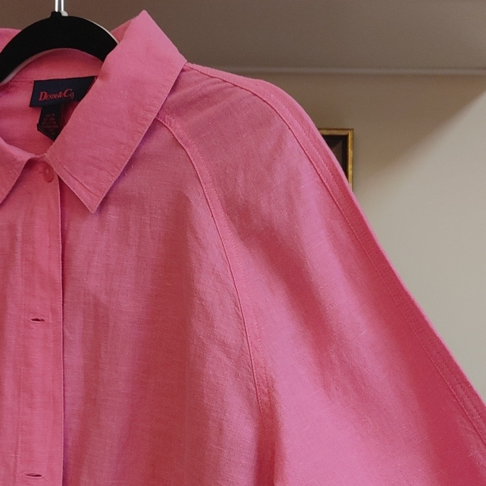 Denim & Co. Pink Oversized Linen Cotton Shirt Patch Pockets Size M - Picture 10 of 15